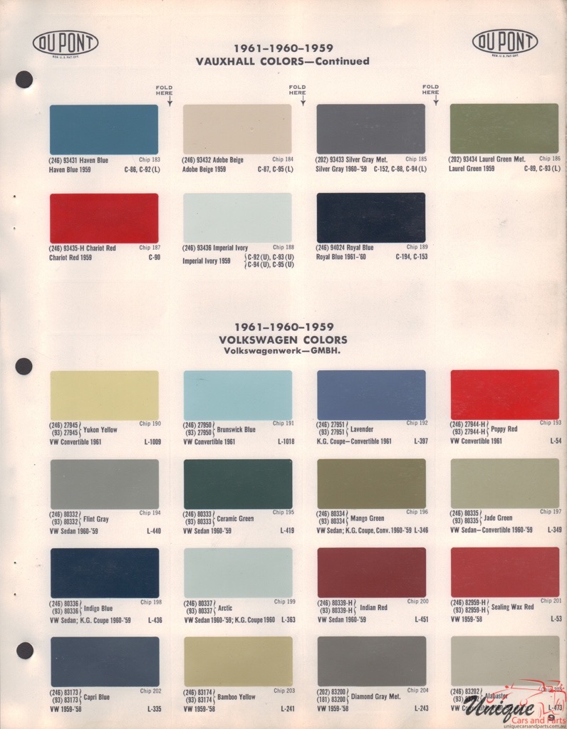 1959 - 1961 Volkswagen Paint Charts DuPont 1